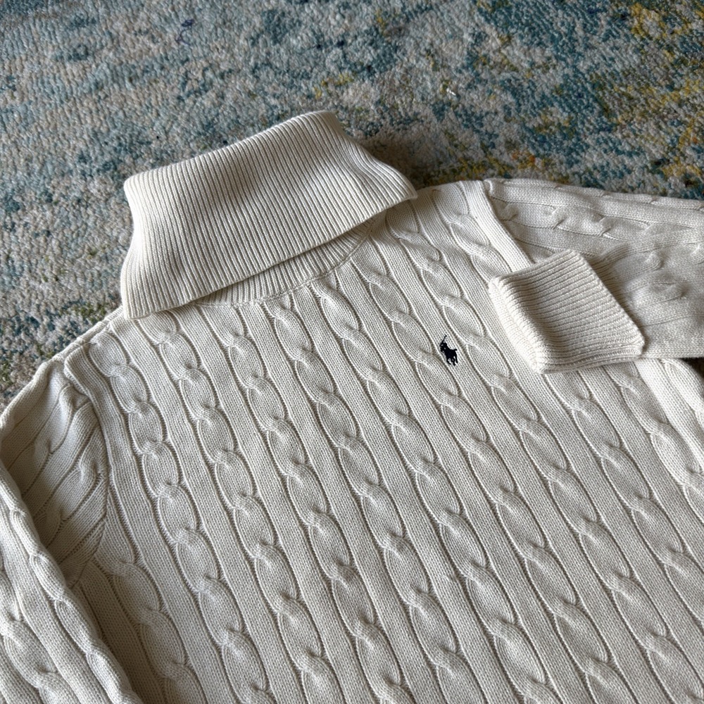 Ralph Lauren Sport Cable Knit Turtleneck Sweater Women's Large Cream White Pony